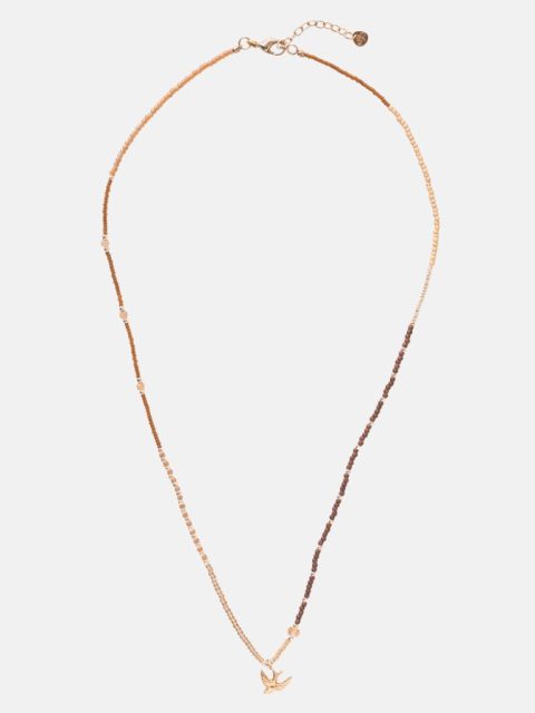 Halskette, die auch als Armband getragen werden kann in Rot-Braun-Gold Tönen und Vogel Anhänger.