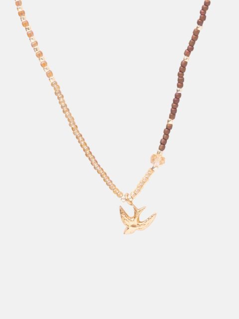 Nahaufnahme von Halskette, die auch als Armband getragen werden kann in Rot-Braun-Gold Tönen und Vogel Anhänger.