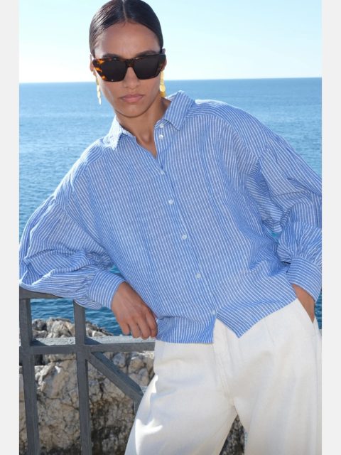 Alternative view of Bluse - Sarah short linen, blue stripe