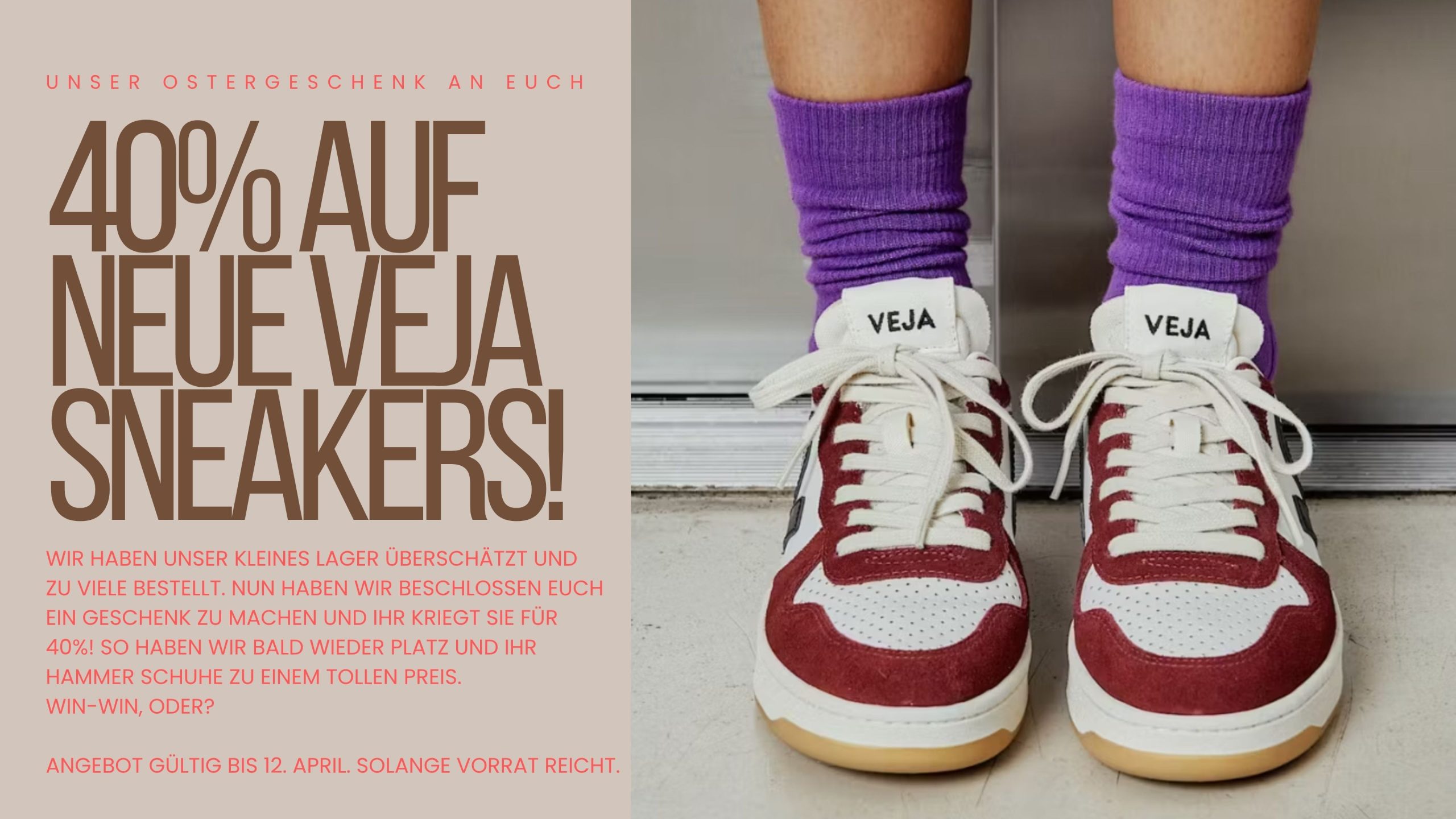 Aktion VEJA Sneakers Schuhe mit 40% Rabatt. Unser Ostergeschenk an tolle Kunden von LittleCopenhagen in Bern. Online oder in unserem Laden in der berner Altstadt.