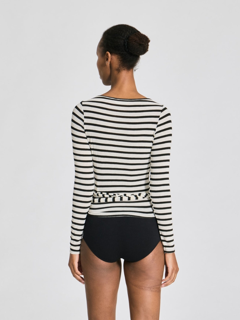 Top - Anne Striped Wrap LS, Ecru/Black Sailor Stripe – Bild 2