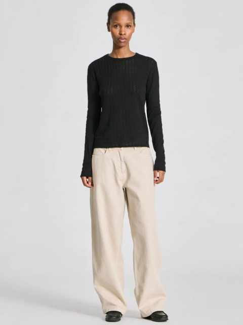 Top - Freja L/S Leaves Pointel Knit, Black – Bild 4