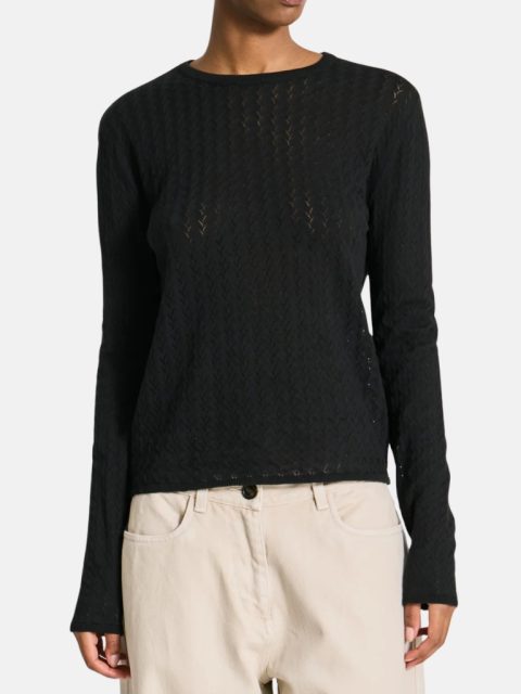 Top - Freja L/S Leaves Pointel Knit, Black