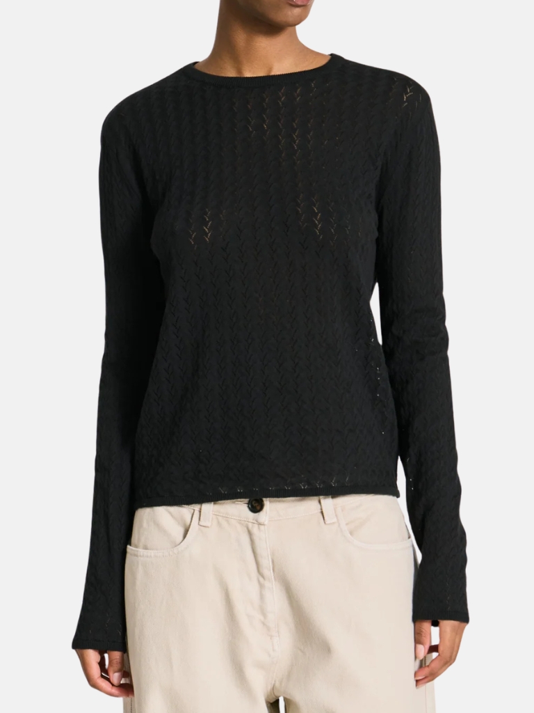 Top - Freja L/S Leaves Pointel Knit, Black